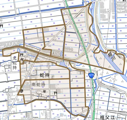 蛇持とその周辺の地図。町の範囲を重ねている