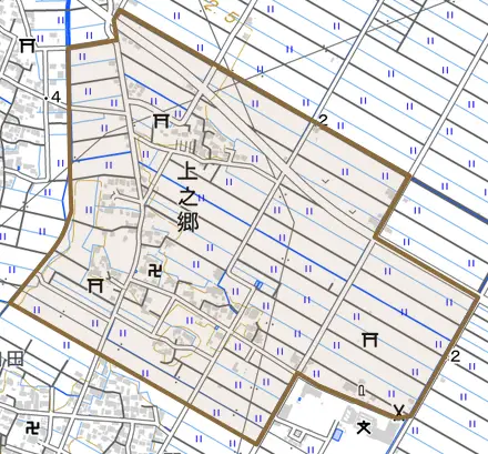 上之郷とその周辺の地図。町の範囲を重ねている