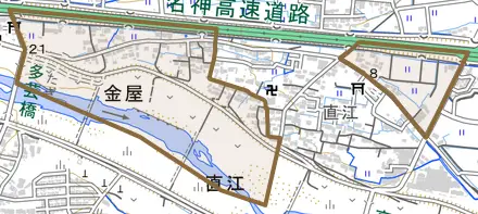 金屋とその周辺の地図。町の範囲を重ねている