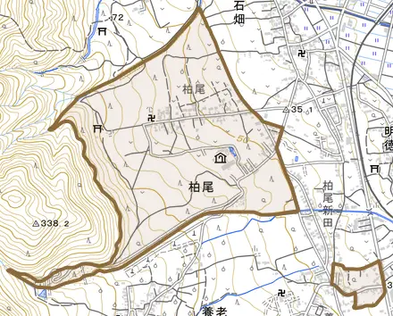 柏尾とその周辺の地図。町の範囲を重ねている