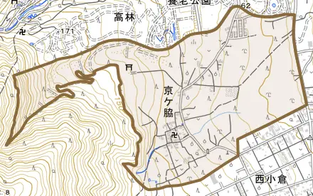 京ケ脇とその周辺の地図。町の範囲を重ねている
