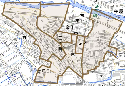 三神町とその周辺の地図。町の範囲を重ねている