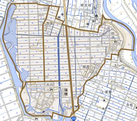瑞穂とその周辺の地図。町の範囲を重ねている