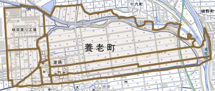 室原とその周辺の地図。町の範囲を重ねている