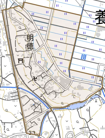 明徳とその周辺の地図。町の範囲を重ねている