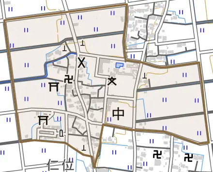 中とその周辺の地図。町の範囲を重ねている