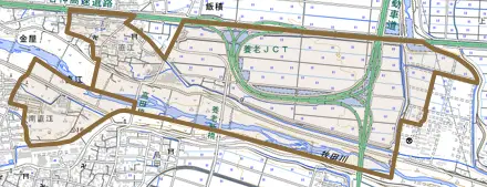 直江とその周辺の地図。町の範囲を重ねている
