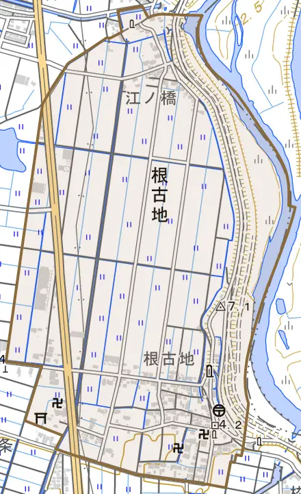 根古地とその周辺の地図。町の範囲を重ねている