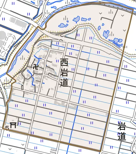 西岩道とその周辺の地図。町の範囲を重ねている