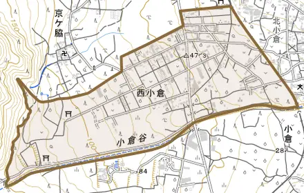西小倉とその周辺の地図。町の範囲を重ねている