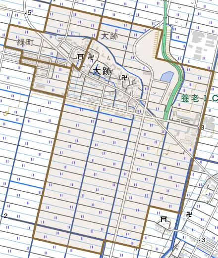 大跡とその周辺の地図。町の範囲を重ねている