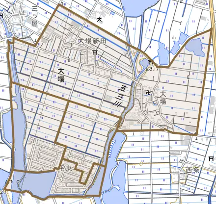 大場とその周辺の地図。町の範囲を重ねている