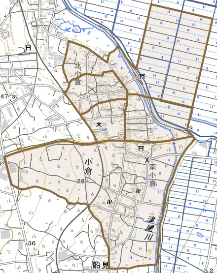 小倉とその周辺の地図。町の範囲を重ねている