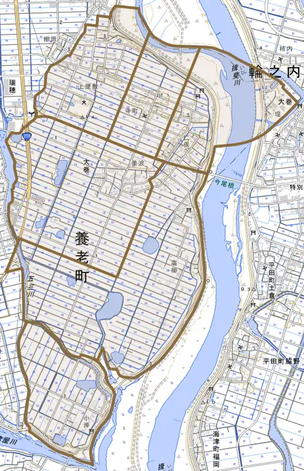 大巻とその周辺の地図。町の範囲を重ねている