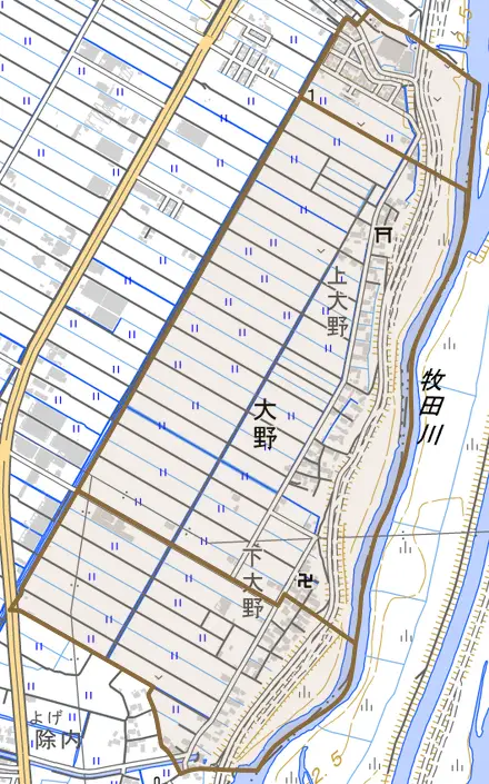 大野とその周辺の地図。町の範囲を重ねている