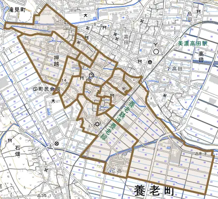 押越とその周辺の地図。町の範囲を重ねている