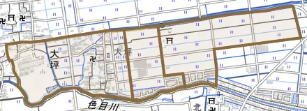 大坪とその周辺の地図。町の範囲を重ねている