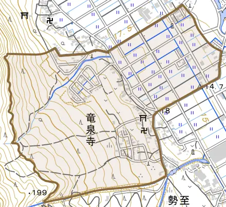 竜泉寺とその周辺の地図。町の範囲を重ねている
