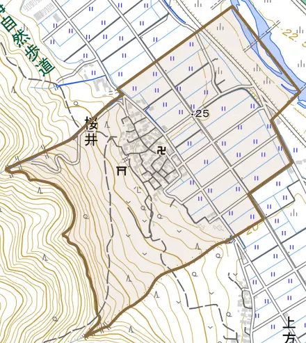 桜井とその周辺の地図。町の範囲を重ねている