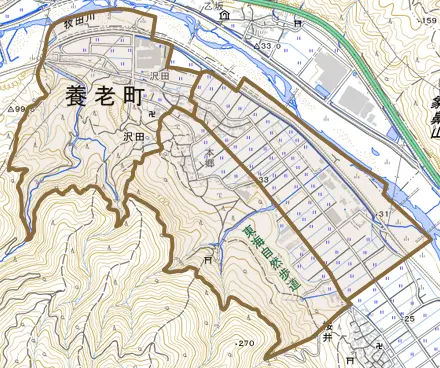 沢田とその周辺の地図。町の範囲を重ねている