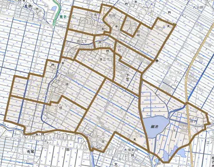 下笠とその周辺の地図。町の範囲を重ねている