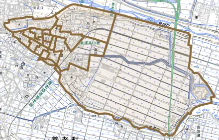 高田とその周辺の地図。町の範囲を重ねている