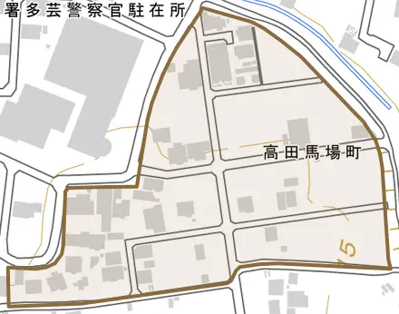 高田馬場町とその周辺の地図。町の範囲を重ねている