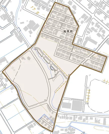 滝見町とその周辺の地図。町の範囲を重ねている