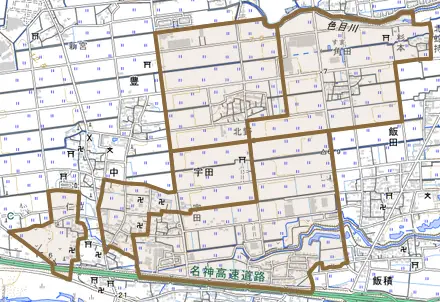 宇田とその周辺の地図。町の範囲を重ねている