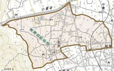 若宮とその周辺の地図。町の範囲を重ねている