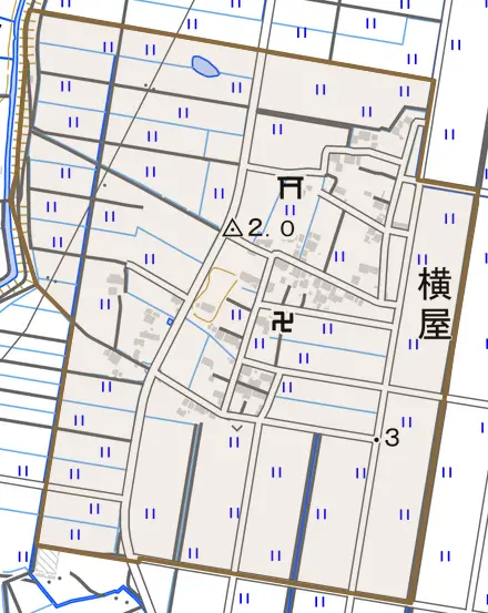横屋とその周辺の地図。町の範囲を重ねている