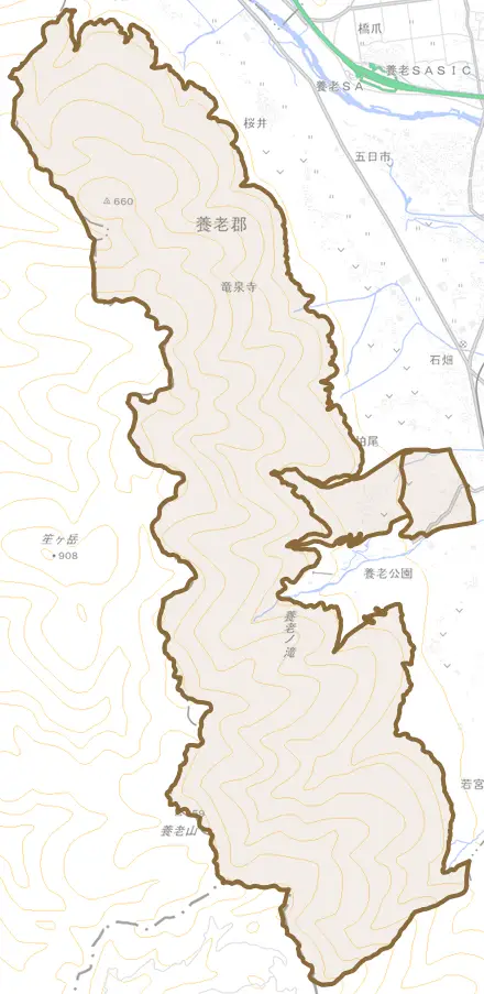 養老とその周辺の地図。町の範囲を重ねている