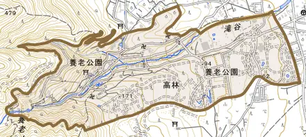 養老公園とその周辺の地図。町の範囲を重ねている