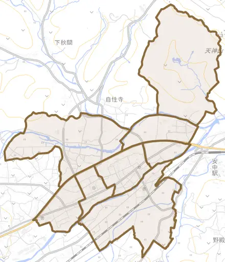 安中とその周辺の地図。町の範囲を重ねている