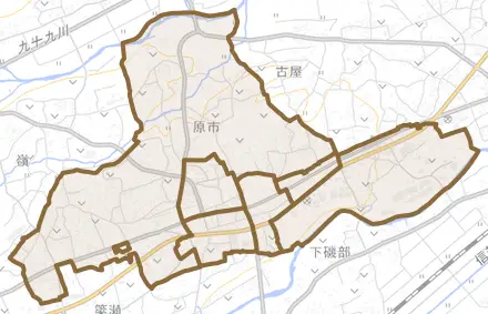 原市とその周辺の地図。町の範囲を重ねている