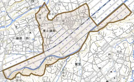 東上磯部とその周辺の地図。町の範囲を重ねている
