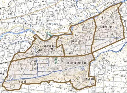 磯部とその周辺の地図。町の範囲を重ねている