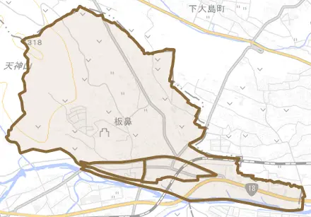 板鼻とその周辺の地図。町の範囲を重ねている