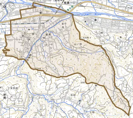 岩井とその周辺の地図。町の範囲を重ねている