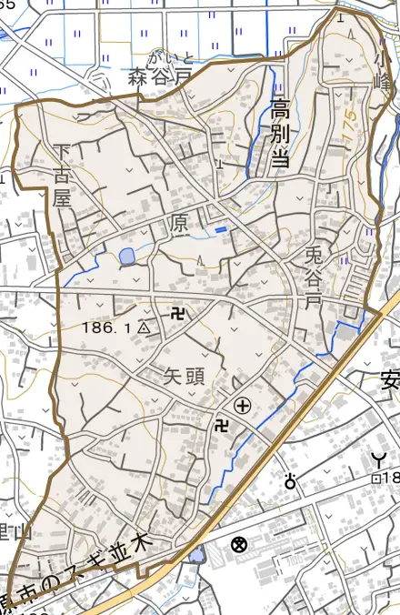 高別当とその周辺の地図。町の範囲を重ねている