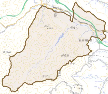 松井田町五料とその周辺の地図。町の範囲を重ねている