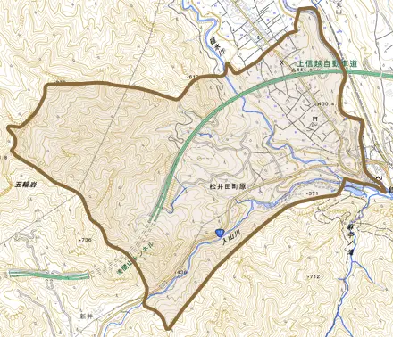 松井田町原とその周辺の地図。町の範囲を重ねている