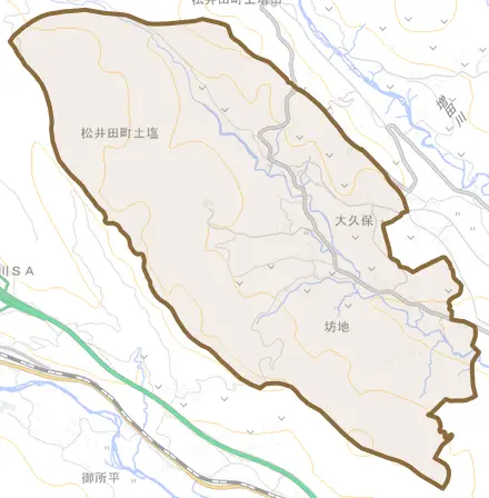 松井田町土塩とその周辺の地図。町の範囲を重ねている