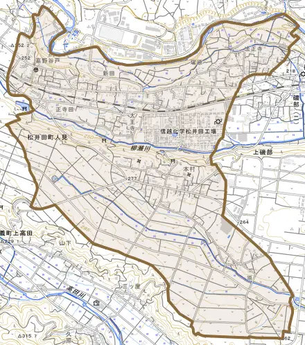 松井田町人見とその周辺の地図。町の範囲を重ねている