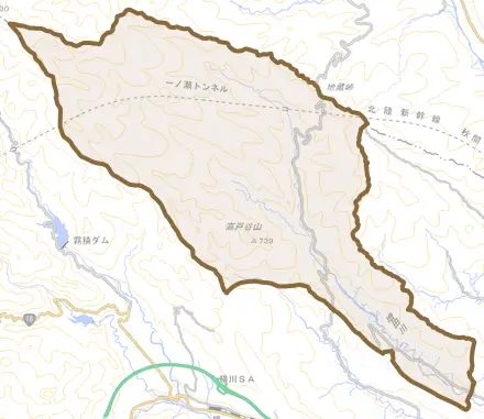 松井田町上増田とその周辺の地図。町の範囲を重ねている