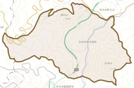松井田町北野牧とその周辺の地図。町の範囲を重ねている