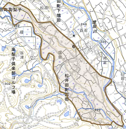 松井田町国衙とその周辺の地図。町の範囲を重ねている
