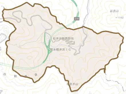 松井田町西野牧とその周辺の地図。町の範囲を重ねている