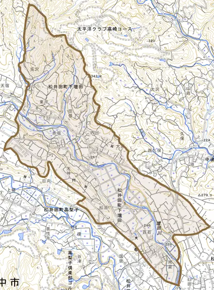 松井田町下増田とその周辺の地図。町の範囲を重ねている