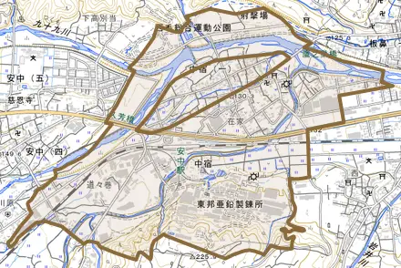 中宿とその周辺の地図。町の範囲を重ねている